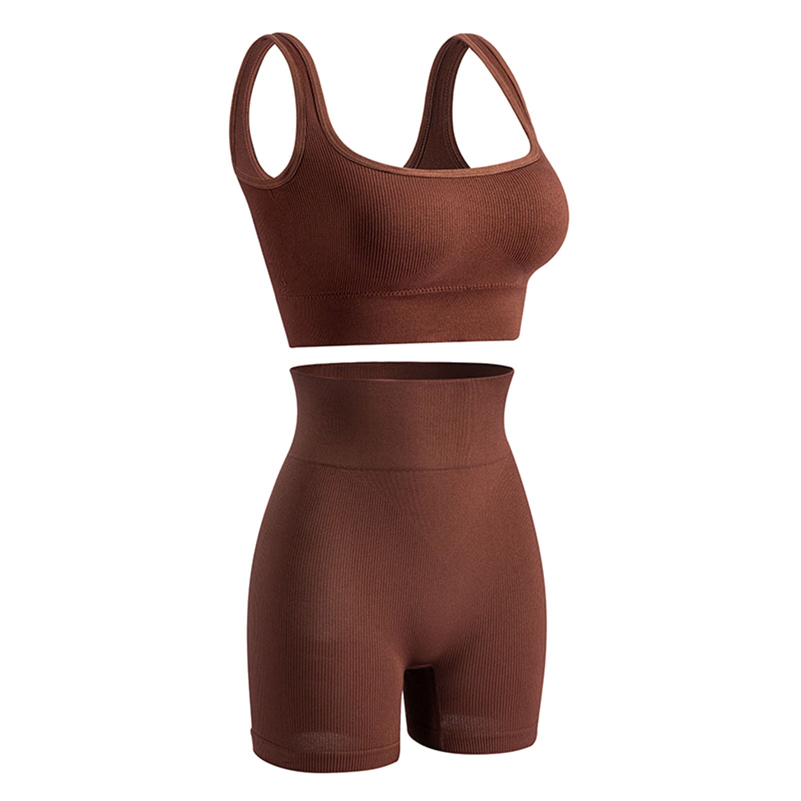 thumbnail image 4 of Conjunto de entrenamiento sin costuras de 2 piezas para mujer: pantalones cortos de yoga de cintura alta y camiseta sin mangas, sujetador incorporado, nailon/spandex, S-XL, 4 of 5